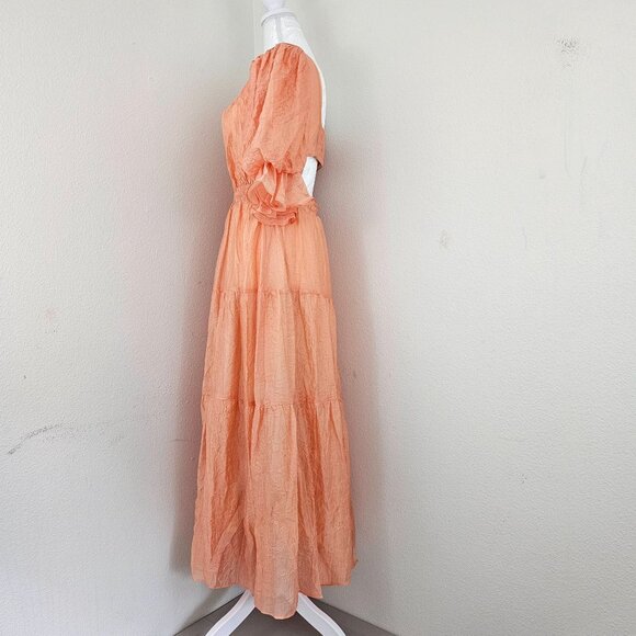 MOON RIVER Womens Sz S Puff Sleeve Tiered Back cutout Midi Dress Coral Cocktail - Picture 4 of 16